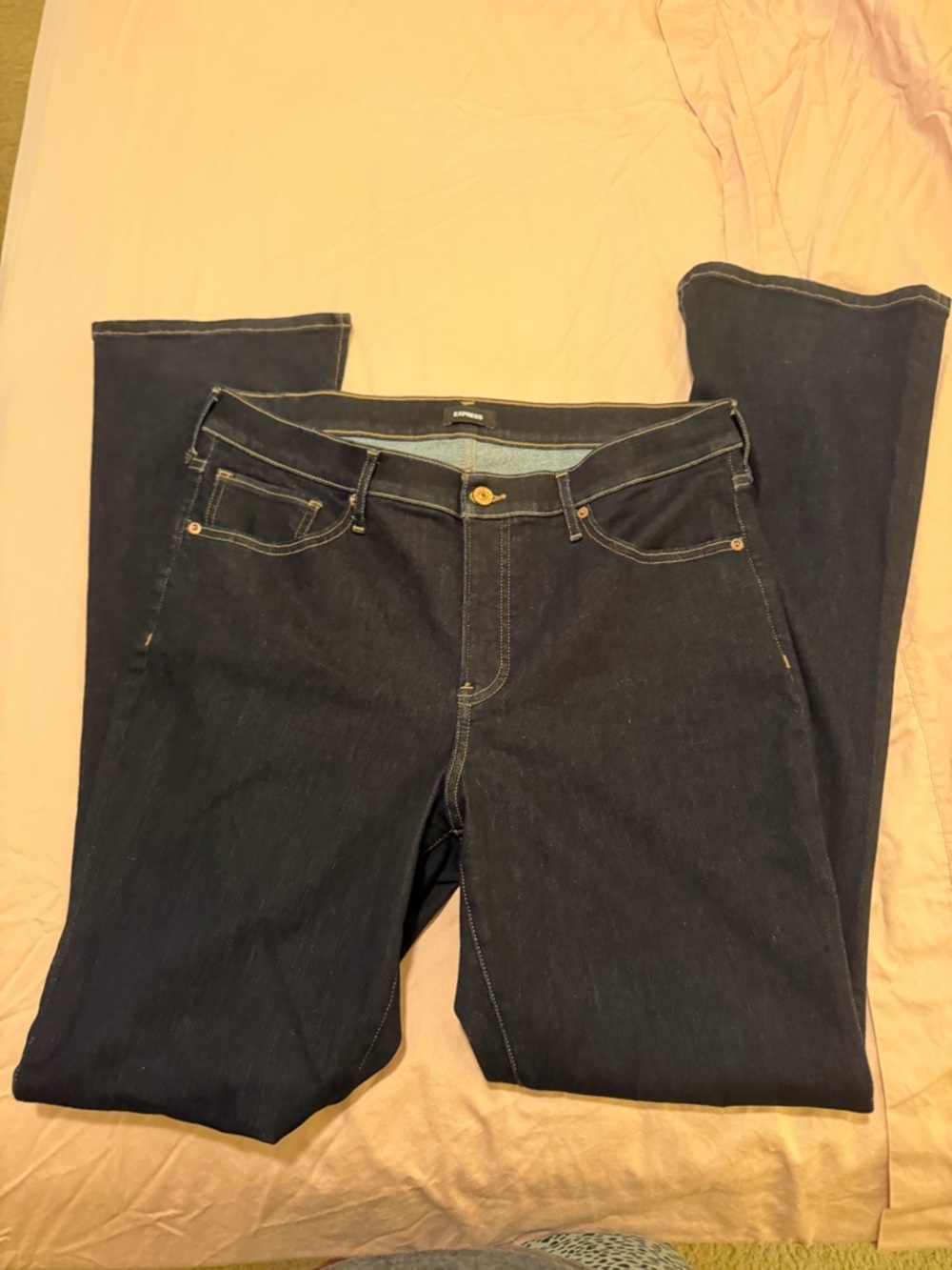 Express Skyscraper Mid Rise Dark Wash Jeans 14R Split Hem Flare Stretch Denim